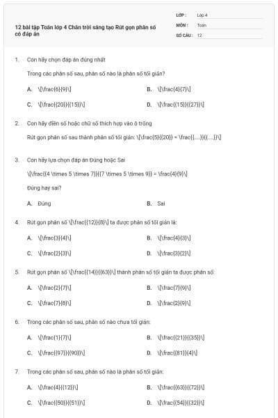 12 bài tập Toán lớp 4 Chân trời sáng tạo Rút gọn phân số có đáp án