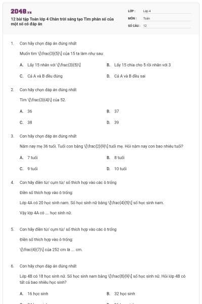 12 bài tập Toán lớp 4 Chân trời sáng tạo Tìm phân số của một số có đáp án