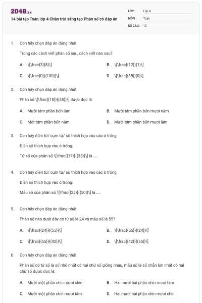 14 bài tập Toán lớp 4 Chân trời sáng tạo Phân số có đáp án