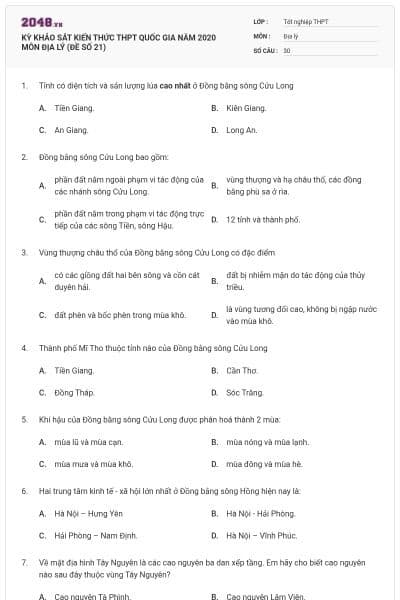 KỲ KHẢO SÁT KIẾN THỨC THPT QUỐC GIA NĂM 2020 MÔN ĐỊA LÝ (ĐỀ SỐ 21)