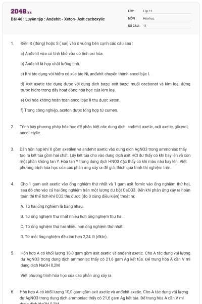 Bài 46 : Luyện tập : Anđehit - Xeton- Axit cacboxylic