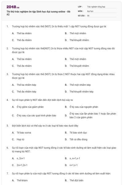 Thi thử trắc nghiệm ôn tập Sinh học đại cương online - Đề #2
