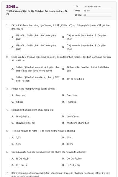 Thi thử trắc nghiệm ôn tập Sinh học đại cương online - Đề #3