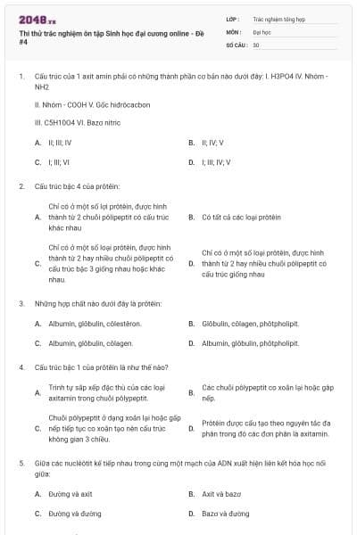Thi thử trắc nghiệm ôn tập Sinh học đại cương online - Đề #4