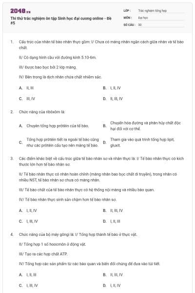 Thi thử trắc nghiệm ôn tập Sinh học đại cương online - Đề #5