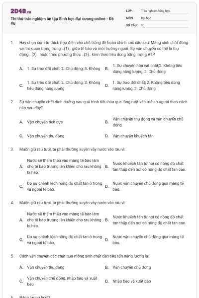Thi thử trắc nghiệm ôn tập Sinh học đại cương online - Đề #6