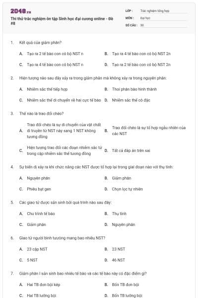 Thi thử trắc nghiệm ôn tập Sinh học đại cương online - Đề #8