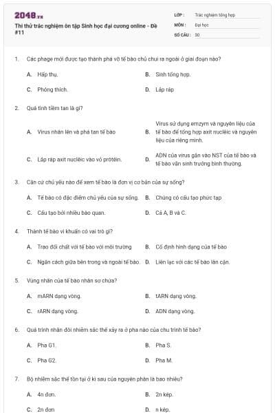 Thi thử trắc nghiệm ôn tập Sinh học đại cương online - Đề #11