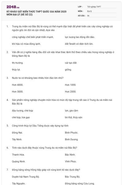 KỲ KHẢO SÁT KIẾN THỨC THPT QUỐC GIA NĂM 2020 MÔN ĐỊA LÝ (ĐỀ SỐ 22)