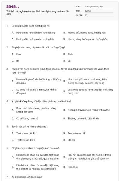 Thi thử trắc nghiệm ôn tập Sinh học đại cương online - Đề #25