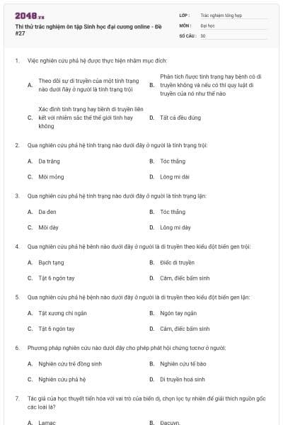 Thi thử trắc nghiệm ôn tập Sinh học đại cương online - Đề #27
