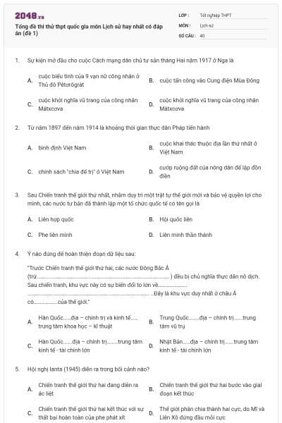 Tổng đề thi thử thpt quốc gia môn Lịch sử hay nhất có đáp án (đề 1)