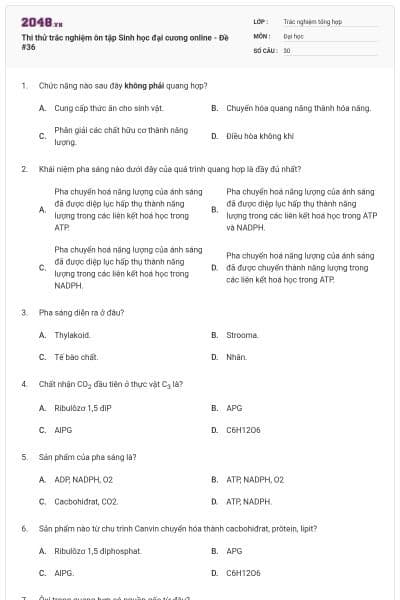 Thi thử trắc nghiệm ôn tập Sinh học đại cương online - Đề #36