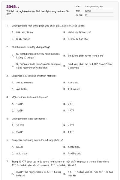 Thi thử trắc nghiệm ôn tập Sinh học đại cương online - Đề #37