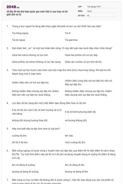 20 Bộ đề thi thử thpt quốc gia môn Vật Lí cực hay có lời giải (Đề số 5)