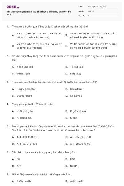 Thi thử trắc nghiệm ôn tập Sinh học đại cương online - Đề #44