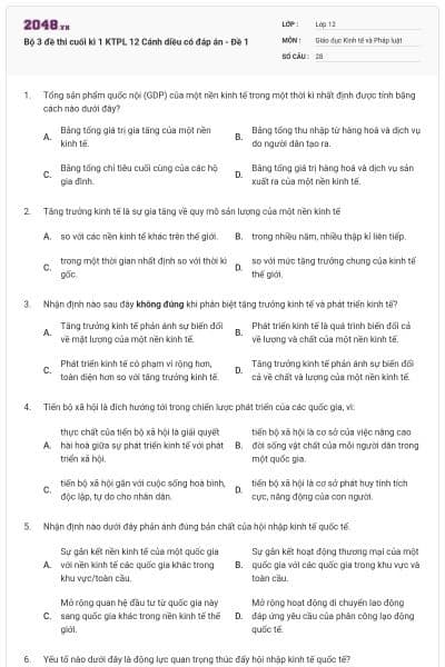 Bộ 3 đề thi cuối kì 1 KTPL 12 Cánh diều có đáp án - Đề 1
