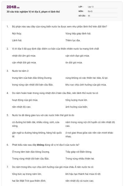 30 câu trắc nghiệm Vị trí địa lí, phạm vi lãnh thổ