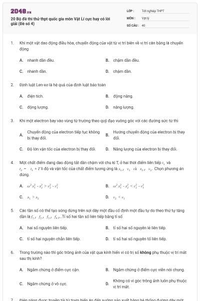 20 Bộ đề thi thử thpt quốc gia môn Vật Lí cực hay có lời giải (Đề số 4)