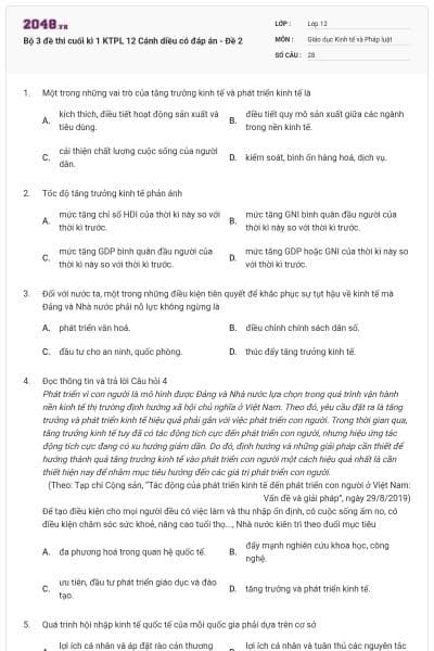 Bộ 3 đề thi cuối kì 1 KTPL 12 Cánh diều có đáp án - Đề 2