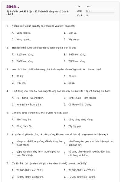 Bộ 6 đề thi cuối kì 1 Địa lí 12 Chân trời sáng tạo có đáp án - Đề 3