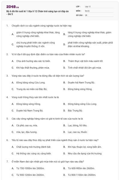 Bộ 6 đề thi cuối kì 1 Địa lí 12 Chân trời sáng tạo có đáp án - Đề 5