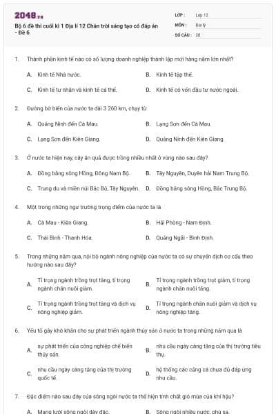 Bộ 6 đề thi cuối kì 1 Địa lí 12 Chân trời sáng tạo có đáp án - Đề 6