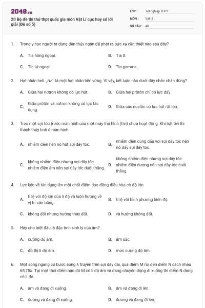20 Bộ đề thi thử thpt quốc gia môn Vật Lí cực hay có lời giải (Đề số 5)