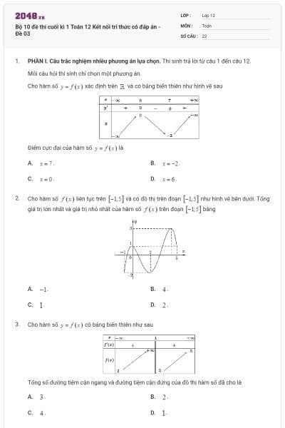 Bộ 10 đề thi cuối kì 1 Toán 12 Kết nối tri thức có đáp án - Đề 03
