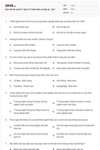 Bộ 6 đề thi cuối kì 1 Địa lí 12 Cánh diều có đáp án - Đề 1