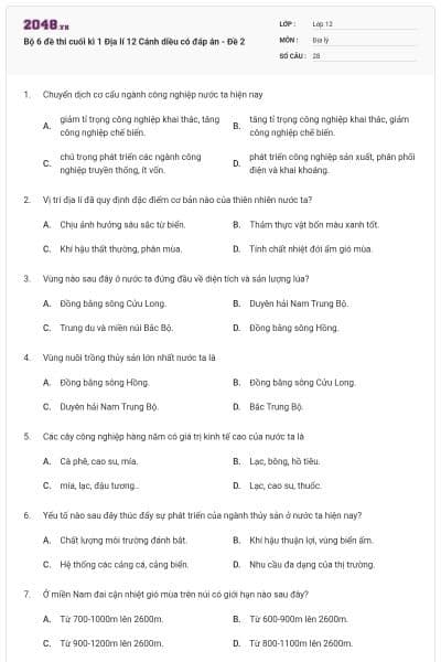 Bộ 6 đề thi cuối kì 1 Địa lí 12 Cánh diều có đáp án - Đề 2