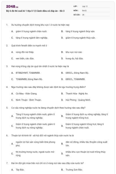 Bộ 6 đề thi cuối kì 1 Địa lí 12 Cánh diều có đáp án - Đề 3