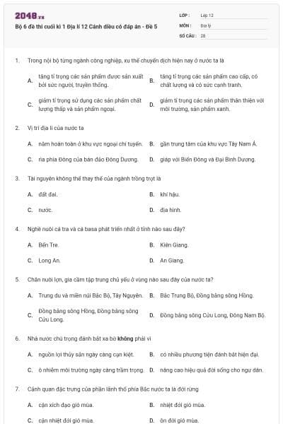Bộ 6 đề thi cuối kì 1 Địa lí 12 Cánh diều có đáp án - Đề 5