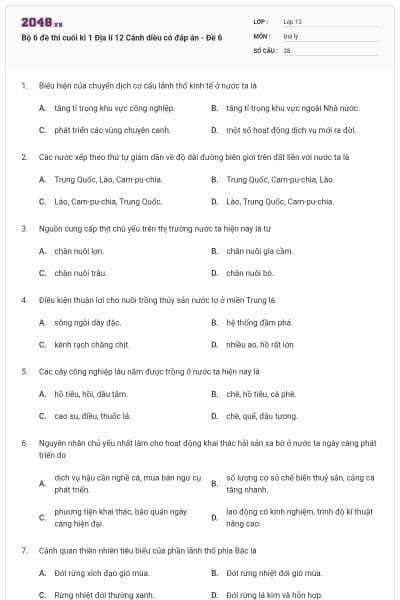 Bộ 6 đề thi cuối kì 1 Địa lí 12 Cánh diều có đáp án - Đề 6