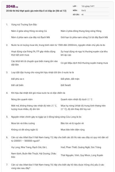20 Đề thi thử thpt quốc gia môn Địa lí có đáp án (Đề số 13)