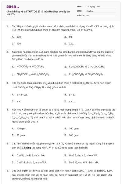 Đề minh hoạ kỳ thi THPTQG 2019 môn Hoá học có đáp án (Đề 17)