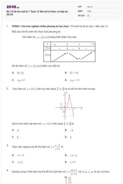 Bộ 10 đề thi cuối kì 1 Toán 12 Kết nối tri thức có đáp án - Đề 04