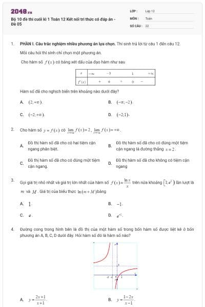 Bộ 10 đề thi cuối kì 1 Toán 12 Kết nối tri thức có đáp án - Đề 05