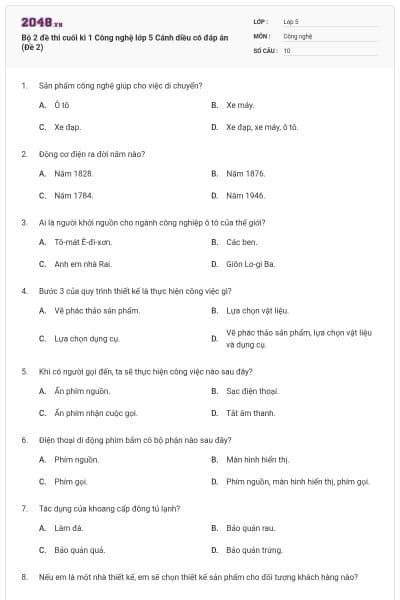 Bộ 2 đề thi cuối kì 1 Công nghệ lớp 5 Cánh diều có đáp án (Đề 2)