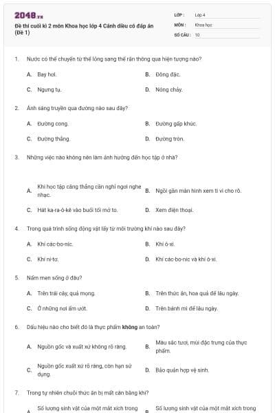 Đề thi cuối kì 2 môn Khoa học lớp 4 Cánh diều có đáp án (Đề 1)