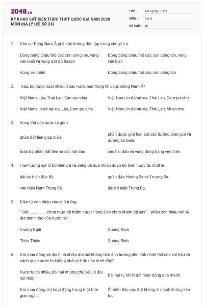 KỲ KHẢO SÁT KIẾN THỨC THPT QUỐC GIA NĂM 2020 MÔN ĐỊA LÝ (ĐỀ SỐ 24)