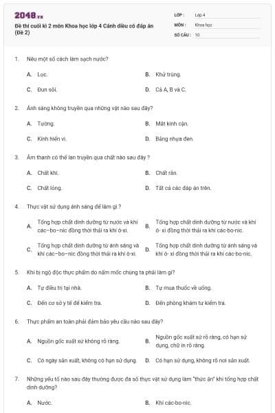 Đề thi cuối kì 2 môn Khoa học lớp 4 Cánh diều có đáp án (Đề 2)