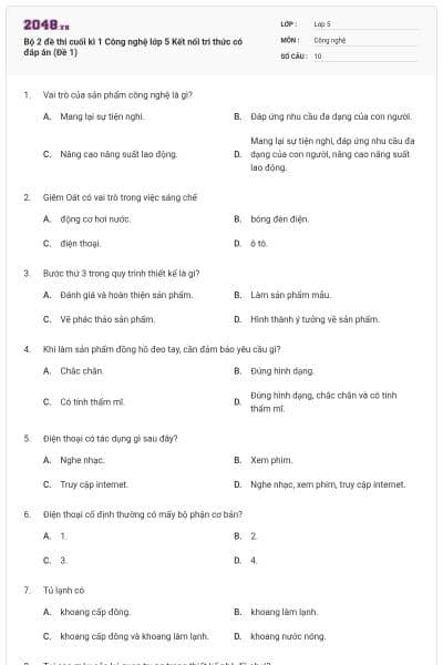 Bộ 2 đề thi cuối kì 1 Công nghệ lớp 5 Kết nối tri thức có đáp án (Đề 1)