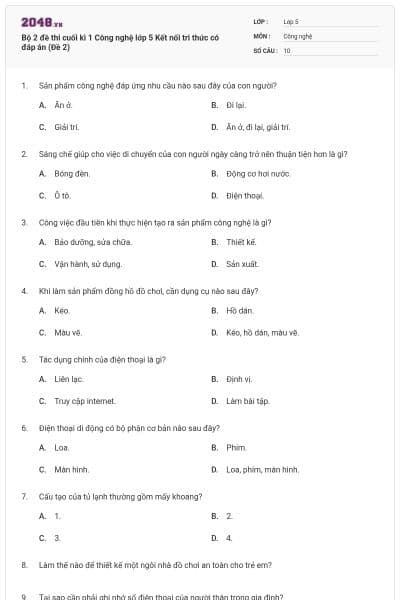 Bộ 2 đề thi cuối kì 1 Công nghệ lớp 5 Kết nối tri thức có đáp án (Đề 2)