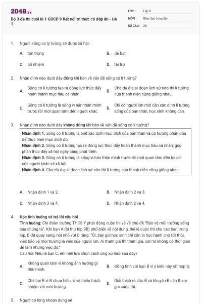 Bộ 3 đề thi cuối kì 1 GDCD 9 Kết nối tri thức có đáp án - Đề 1