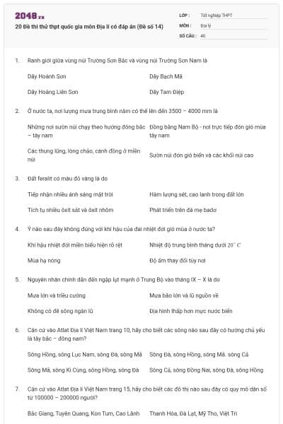 20 Đề thi thử thpt quốc gia môn Địa lí có đáp án (Đề số 14)