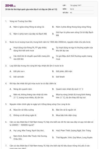 20 Đề thi thử thpt quốc gia môn Địa lí có đáp án (Đề số 13)