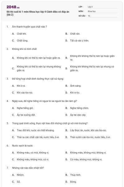 Đề thi cuối kì 1 môn Khoa học lớp 4 Cánh diều có đáp án (Đề 2)