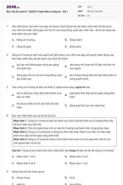 Bộ 3 đề thi cuối kì 1 GDCD 9 Cánh diều có đáp án - Đề 1