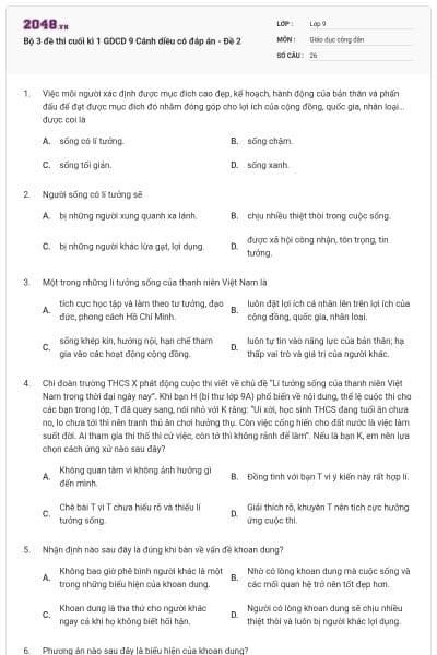 Bộ 3 đề thi cuối kì 1 GDCD 9 Cánh diều có đáp án - Đề 2